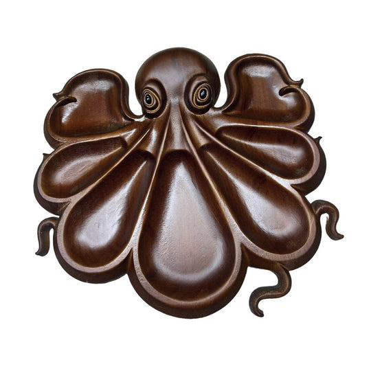Platou pentru Servire, in Forma de Caracatita, 8 Compartimente pentru Mezeluri Branzeturi Snacksuri, Design Artistic, din Lemn Masiv, 26 x 25 x 3 cm, Maro inchis