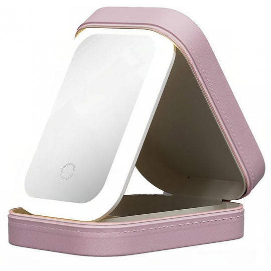 Portfard, Geanta Cosmetice, cu Oglinda LED, 3 Moduri de Lumina, Incarcare USB, Baterie 1200 mAh, pentru Organizarea Cosmeticelor, 4 Compartimente, Imitatie Piele, Roz, 16.5x11.5x6 cm