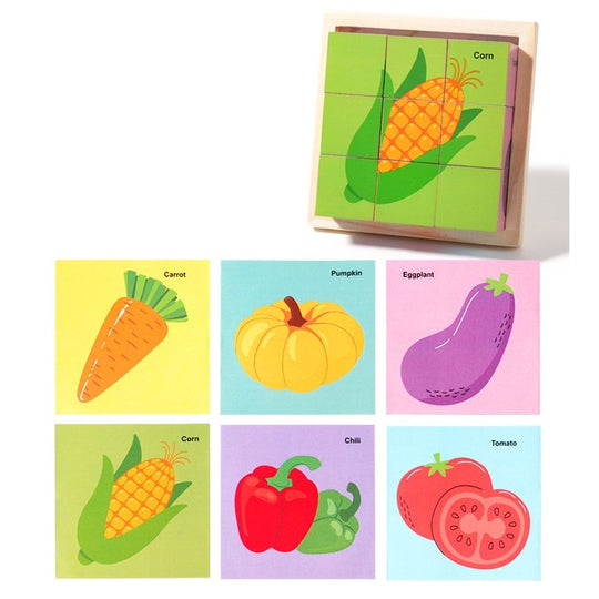 Puzzle din Lemn, 9 Cuburi, 6 Fete, 4-6 Ani, 11 x 11 x 3.2 cm, Model Legume, Multicolor