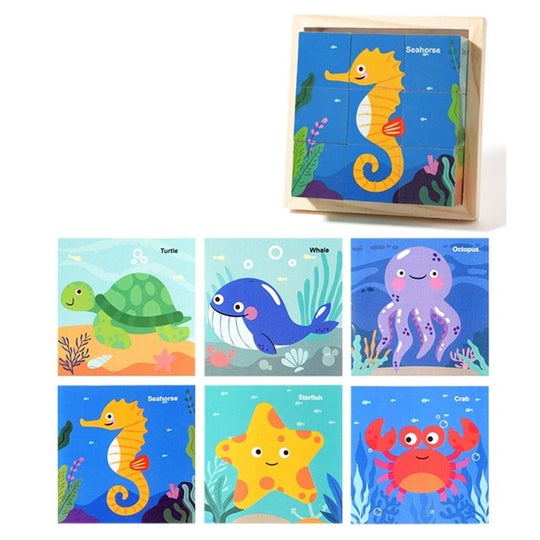 Puzzle din Lemn, 9 Cuburi, 6 Fete, 4-6 Ani, 11 x 11 x 3.2 cm, Model Animale Marine, Multicolor