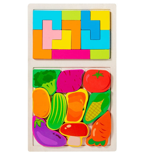 Puzzle Montessori din Lemn pentru Copii, Tip Tetris 2in1 +3 Ani, cu Legume Colorate 3D, Educativ, Intuitiv, Creativ, 21 de Piese, 28.5x17x1.2 cm, Multicolor