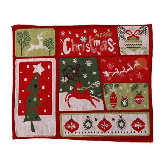 Servet de Masa, Model Ren, Brad si Globulete, Scris Merry Christmas, Tematica Craciun, Prosop pentru Masa, 47x33 cm, Bumbac si Fibre Sintetice, Rosu
