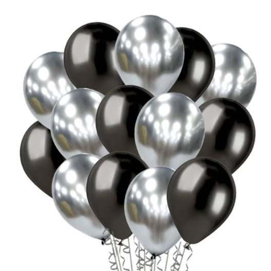 Set 10 Baloane din Latex Chrome, Model Party, 23 cm, Negru Argintiu, 2.2 g