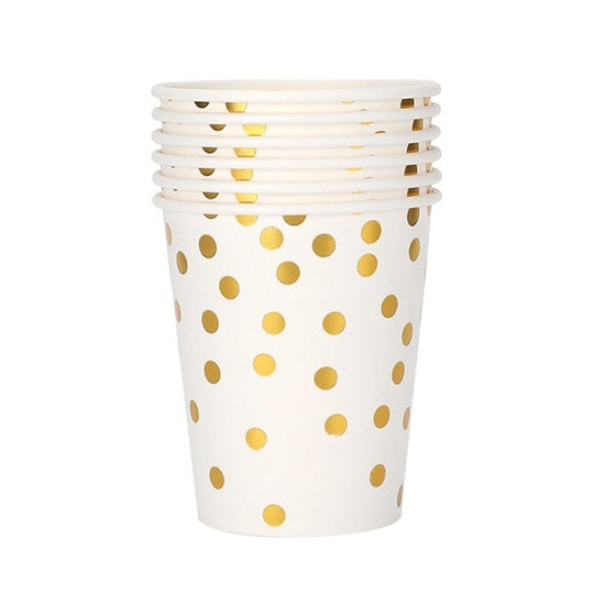 Set 10 Pahare, Imprimeu cu Buline, din Carton, 250 ml, 7.5 x 8.5 x 5.2 cm, Auriu