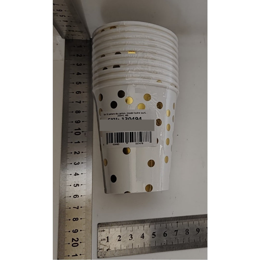 Set 10 Pahare, Imprimeu cu Buline, din Carton, 250 ml, 7.5 x 8.5 x 5.2 cm, Auriu