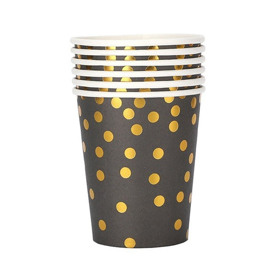 Set 10 Pahare, Imprimeu cu Buline, din Carton, 250 ml, 7 x 8.5 x 5 cm, Negru/Auriu