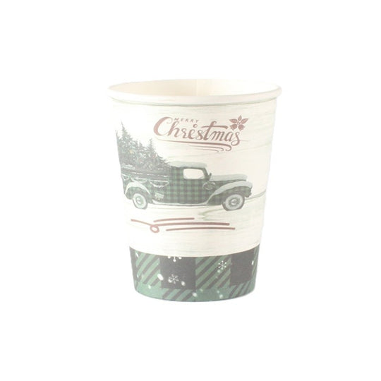 Set 10 Pahare, Imprimeu Masina de Craciun, din Carton, 250 - 300 ml, 7.5 x 8.4 x 5.3 cm, Multicolor