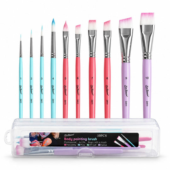 Set 10 Pensule pentru Pictura pe Fata si Corp, Varfuri Asortate, cu Cutie de Depozitare, Multicolor