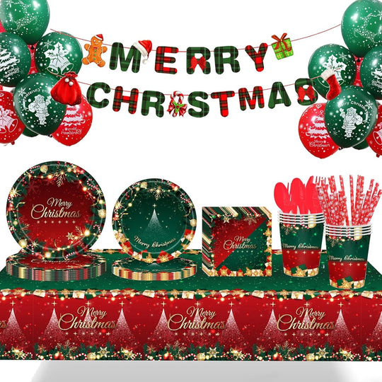 Set 119 Piese, pentru Masa de Craciun, Farfurii 18 cm, Farfurii 23 cm, Pahare, Servetele, Tacamuri, Fata de Masa, Ghirlanda, Paie, Rosu/Verde