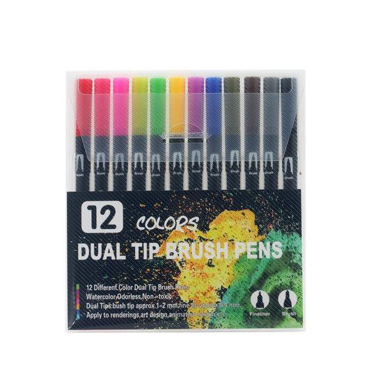 Set 12 Carioci, pe Baza de Apa, 2 Tipuri de Varf, 1-2 mm, 0.4 mm, Corp Carioca Negru, din Plastic, Multicolor