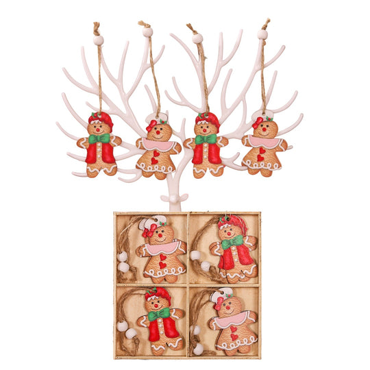 Set 12 Decoratiuni de Craciun din Lemn, cu Snur pentru Agatare in Brad, Model Prajituri, Dimensiuni Diferite, 2 Modele, Multicolor