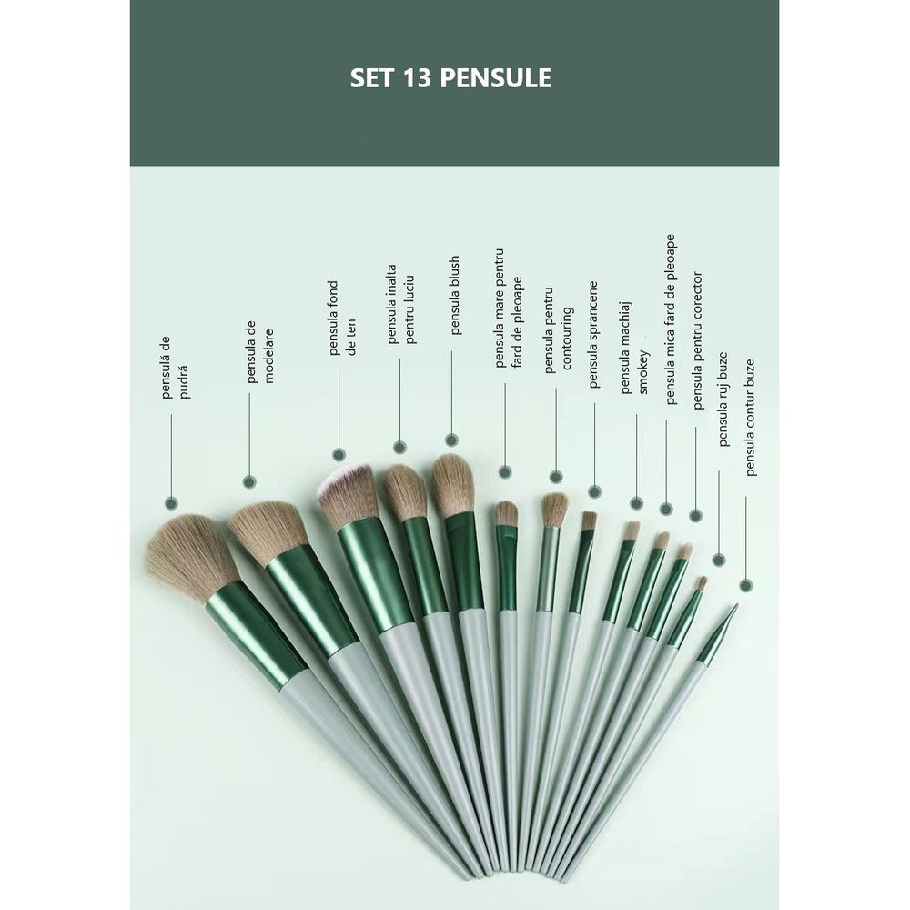 Set 13 pensule pentru machiaj, super soft, makeup profesional/incepatori, verde
