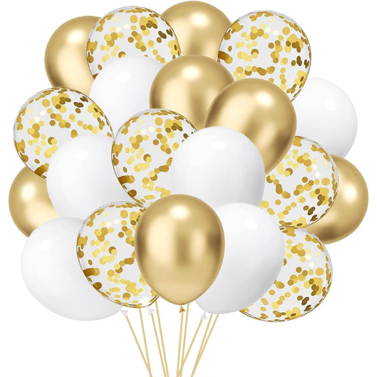 Set 16 Baloane din Latex, Model Party, 30 cm, Alb, Auriu, Transparent Confetti, 2.8 g