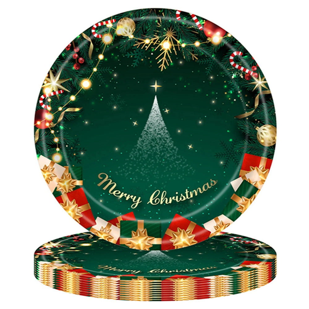 Set 16 Farfurii de Unica Folosinta, Model Brad de Craciun Merry Christmas, Tematica Craciun, 18 cm, Verde