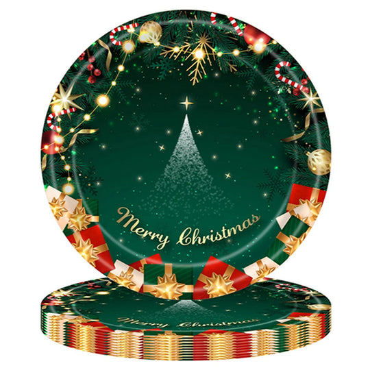 Set 16 Farfurii de Unica Folosinta, Model Brad de Craciun Merry Christmas, Tematica Craciun, 18 cm, Verde