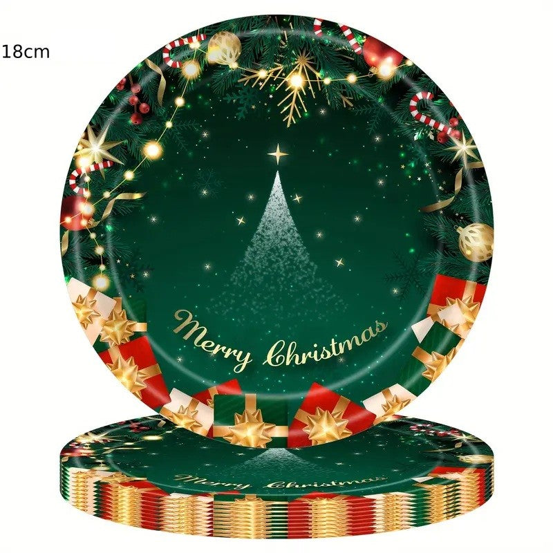 Set 16 Farfurii de Unica Folosinta, Model Brad de Craciun Merry Christmas, Tematica Craciun, 18 cm, Verde
