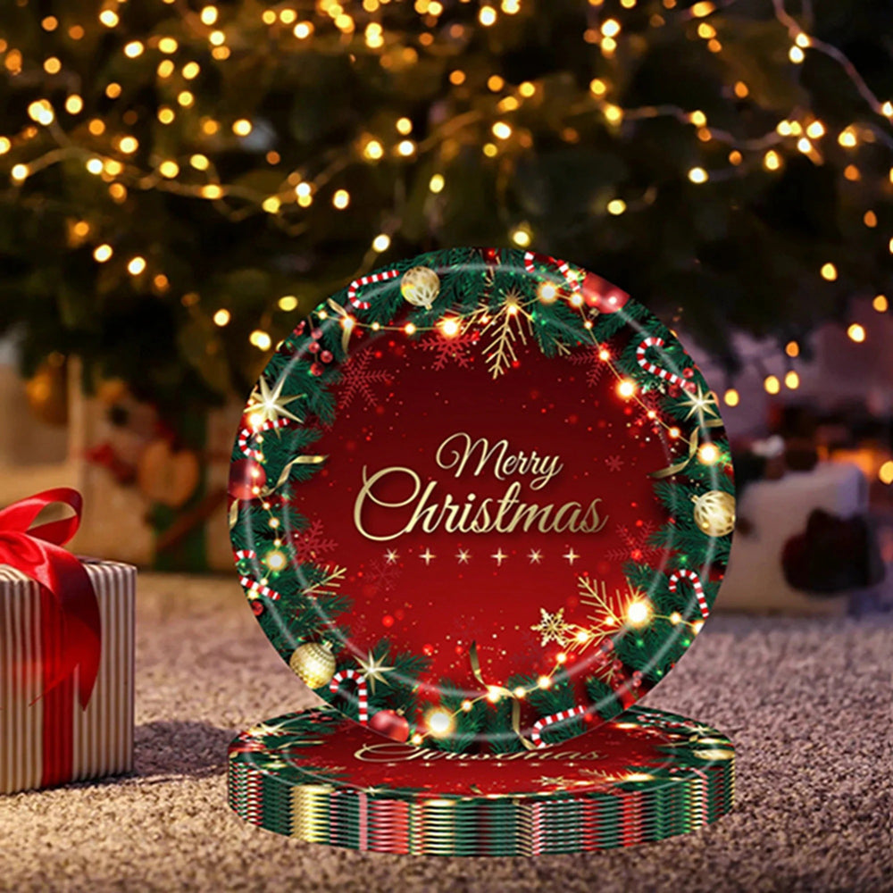 Set 16 Farfurii de Unica Folosinta, Model Merry Christmas, Tematica Craciun, 23 cm, Rosu/Verde