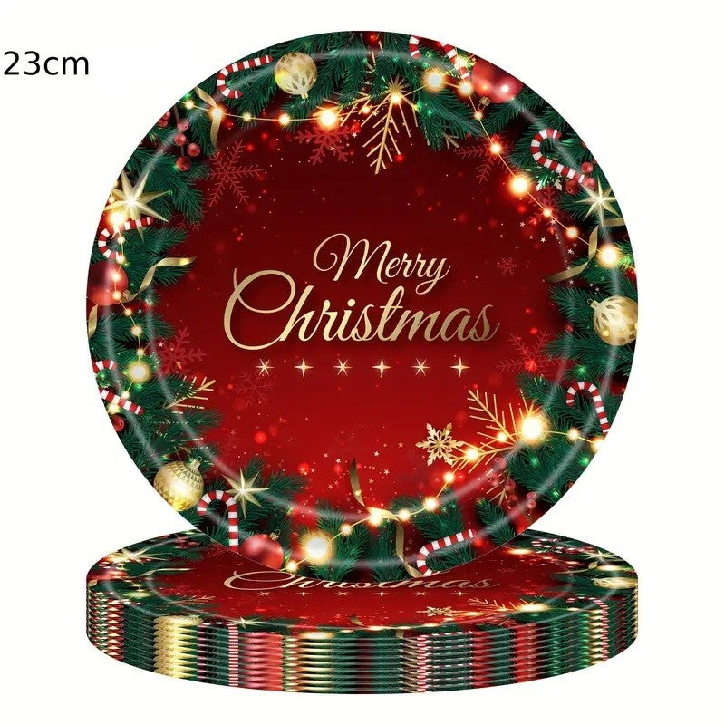 Set 16 Farfurii de Unica Folosinta, Model Merry Christmas, Tematica Craciun, 23 cm, Rosu/Verde