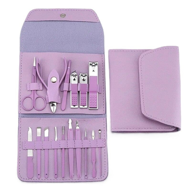 Set 16 Piese de Ingrijire Cosmetica, pentru Manichiura, Pedichiura, Fata, Geanta Organizatoare din Piele Ecologica Inclusa, Mov