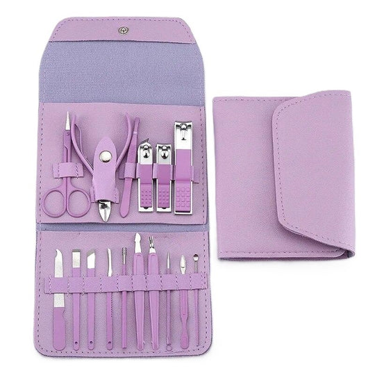 Set 16 Piese de Ingrijire Cosmetica, pentru Manichiura, Pedichiura, Fata, Geanta Organizatoare din Piele Ecologica Inclusa, Mov
