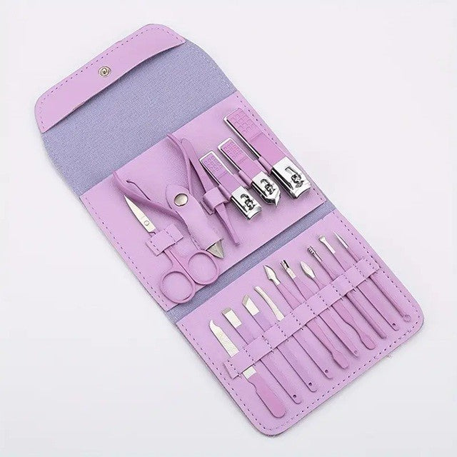 Set 16 Piese de Ingrijire Cosmetica, pentru Manichiura, Pedichiura, Fata, Geanta Organizatoare din Piele Ecologica Inclusa, Mov