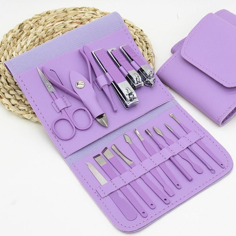 Set 16 Piese de Ingrijire Cosmetica, pentru Manichiura, Pedichiura, Fata, Geanta Organizatoare din Piele Ecologica Inclusa, Mov
