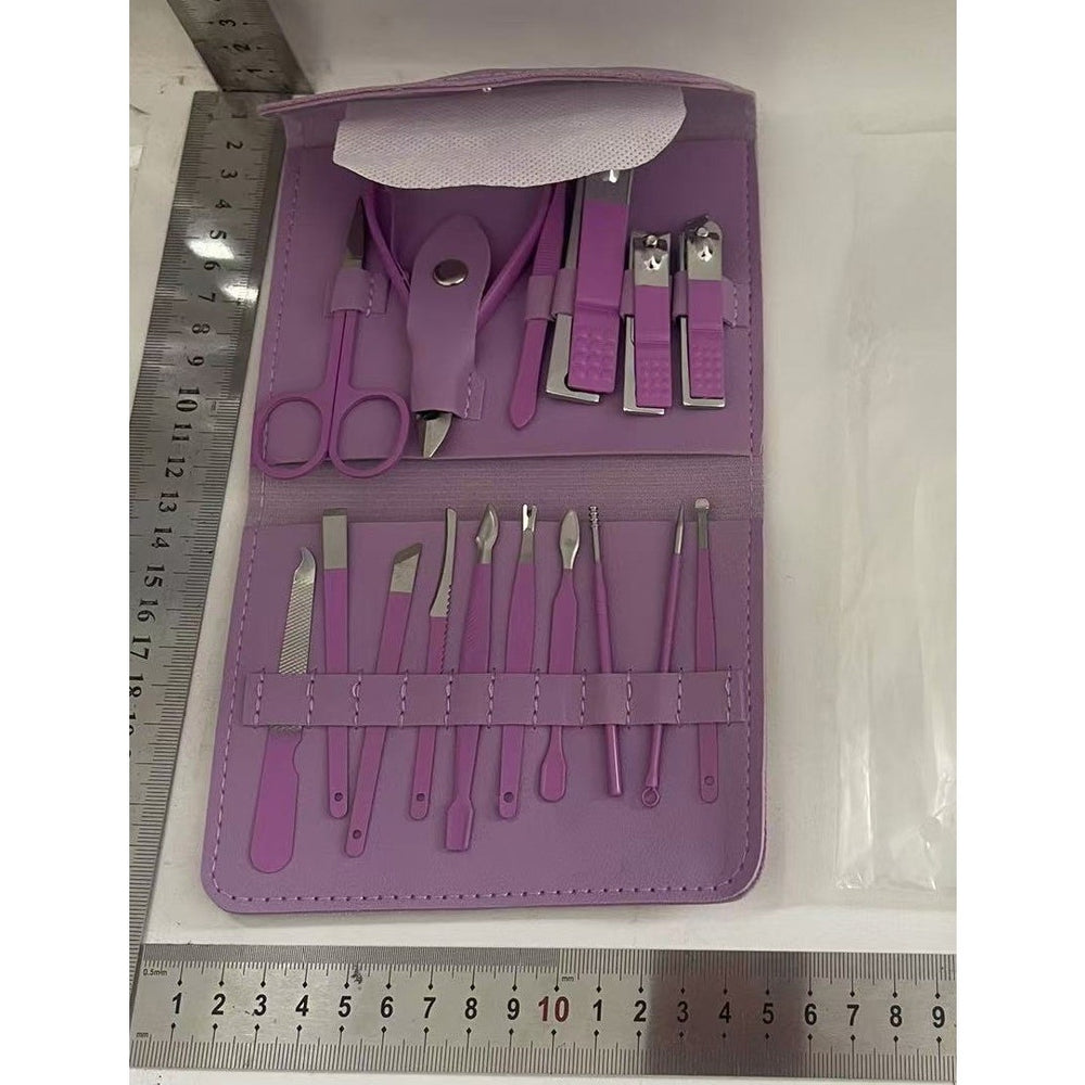 Set 16 Piese de Ingrijire Cosmetica, pentru Manichiura, Pedichiura, Fata, Geanta Organizatoare din Piele Ecologica Inclusa, Mov