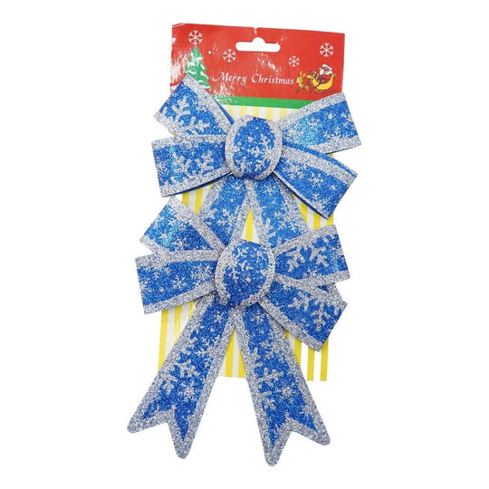 Set 2 fundite pentru brad, Albastre, model de nea, cu margini argintii, 13 x 18 cm, PVC