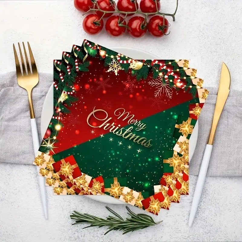 Set 20 de Servetele de Masa, Merry Christmas, Tematica Craciun, 16.5 cm, Verde/Rosu
