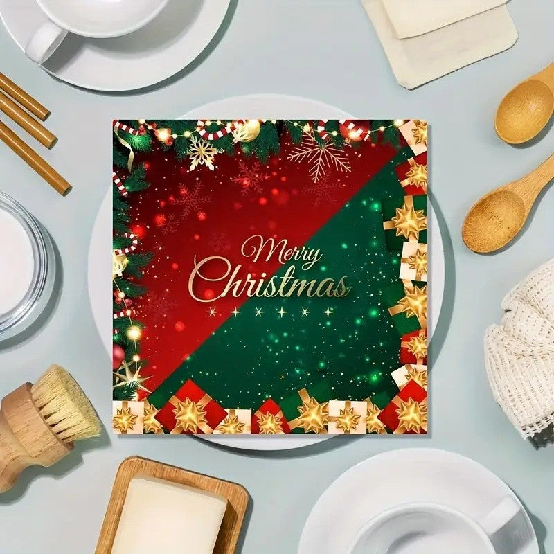 Set 20 de Servetele de Masa, Merry Christmas, Tematica Craciun, 16.5 cm, Verde/Rosu