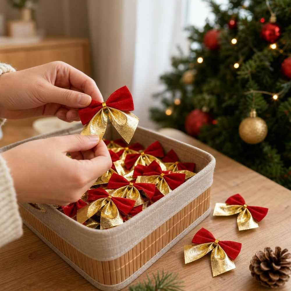 Set 24 Fundite Decorative pentru Brad de Craciun, Rosu-Auriu, din Poliester, Decoratiuni Festive, 5 x 6 cm