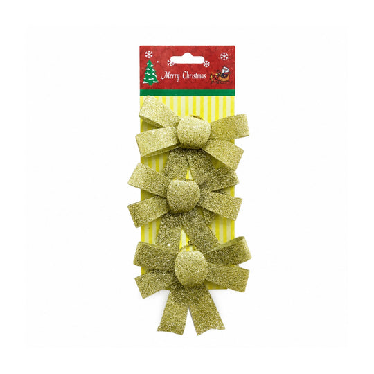 Set 3 Fundite Decorative pentru Brad de Craciun, cu Sclipici, din Poliester, Decoratiuni Festive, 10 x 11 cm, Auriu