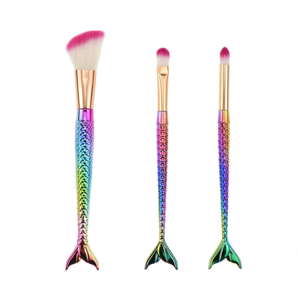 Set 3 Pensule pentru Machiaj, in Forma de Sirena, Electroplacate, Detalii Fine, Maner Ergonomic, Peri din Fibra Moale, Multicolor