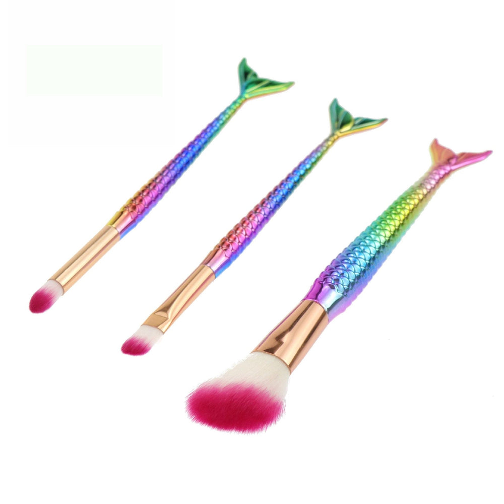 Set 3 Pensule pentru Machiaj, in Forma de Sirena, Electroplacate, Detalii Fine, Maner Ergonomic, Peri din Fibra Moale, Multicolor