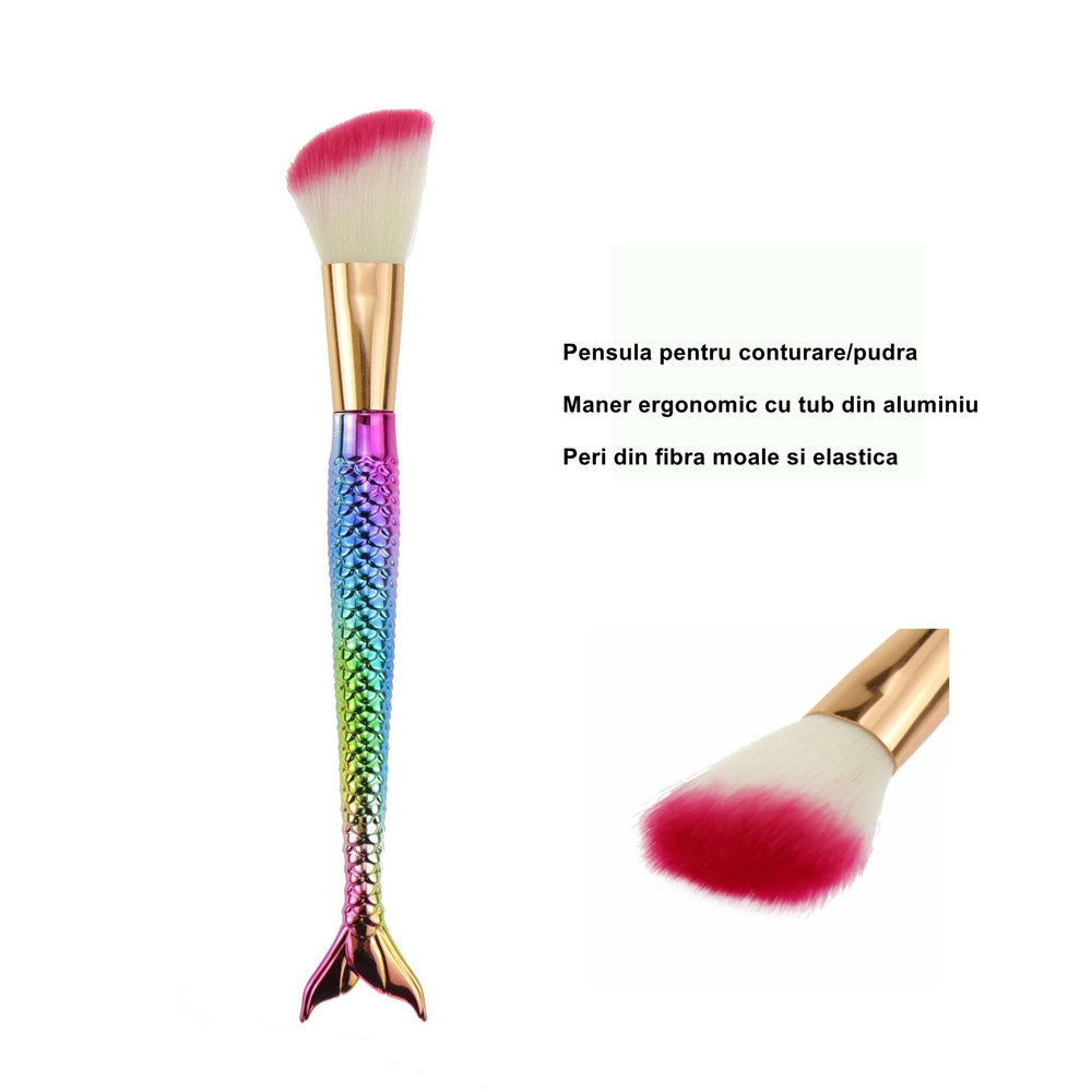 Set 3 Pensule pentru Machiaj, in Forma de Sirena, Electroplacate, Detalii Fine, Maner Ergonomic, Peri din Fibra Moale, Multicolor
