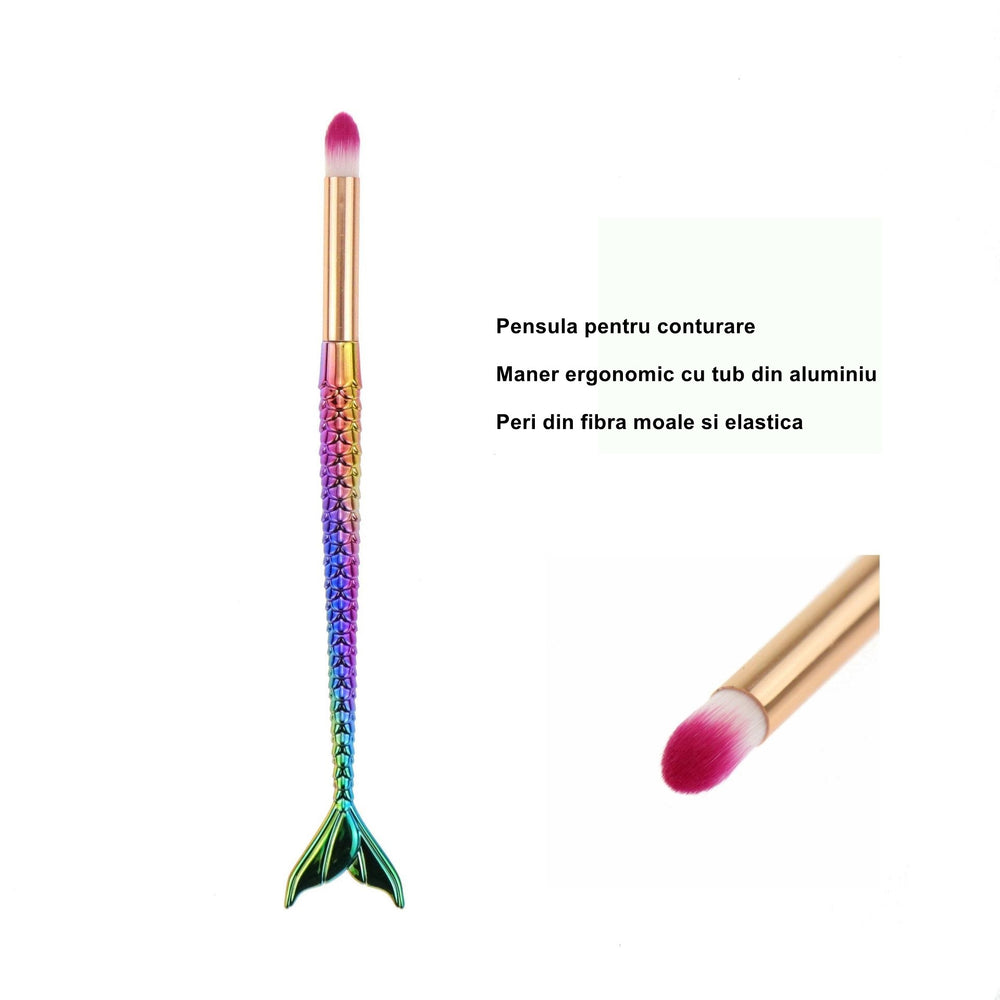 Set 3 Pensule pentru Machiaj, in Forma de Sirena, Electroplacate, Detalii Fine, Maner Ergonomic, Peri din Fibra Moale, Multicolor