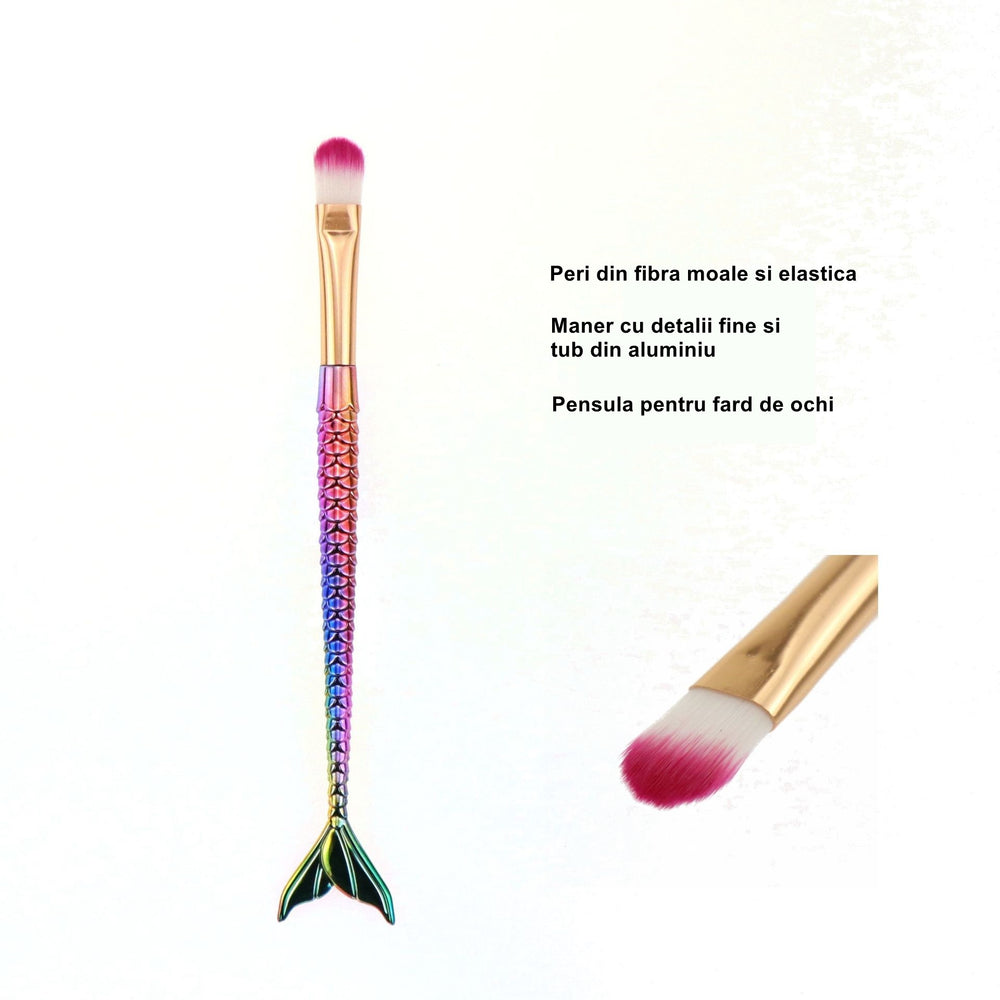 Set 3 Pensule pentru Machiaj, in Forma de Sirena, Electroplacate, Detalii Fine, Maner Ergonomic, Peri din Fibra Moale, Multicolor