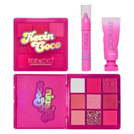 Set 3 Produse de Machiaj Kevin&Coco Pink Hearted, Paletă Farduri de Pleoape 9 Culori, Ruj Creion și Lip Gloss, Pigmentare Intensă, Nuanțe Roz, 15.5 x 13 x 3.4 cm, Roz