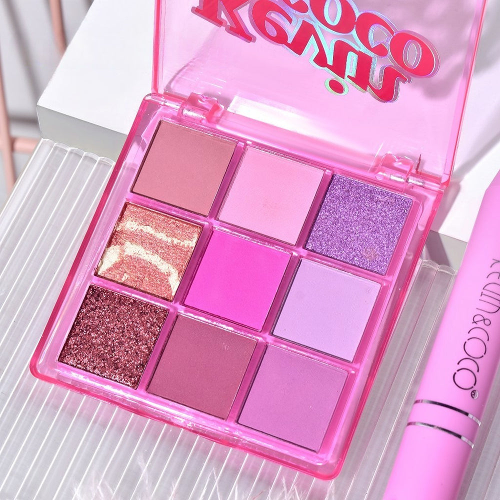 Set 3 Produse de Machiaj Kevin&Coco Pink Ice Star, Paletă Farduri de Pleoape 9 Culori, Ruj Creion și Lip Gloss, Nuanțe Roz și Mov, Finisaje Mate și Strălucitoare, 15.5 x 13 x 3.4 cm