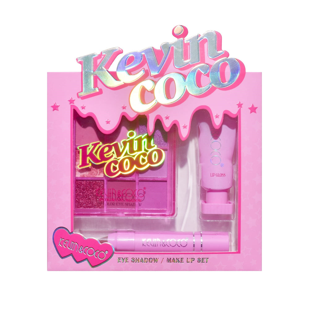 Set 3 Produse de Machiaj Kevin&Coco Pink Ice Star, Paletă Farduri de Pleoape 9 Culori, Ruj Creion și Lip Gloss, Nuanțe Roz și Mov, Finisaje Mate și Strălucitoare, 15.5 x 13 x 3.4 cm