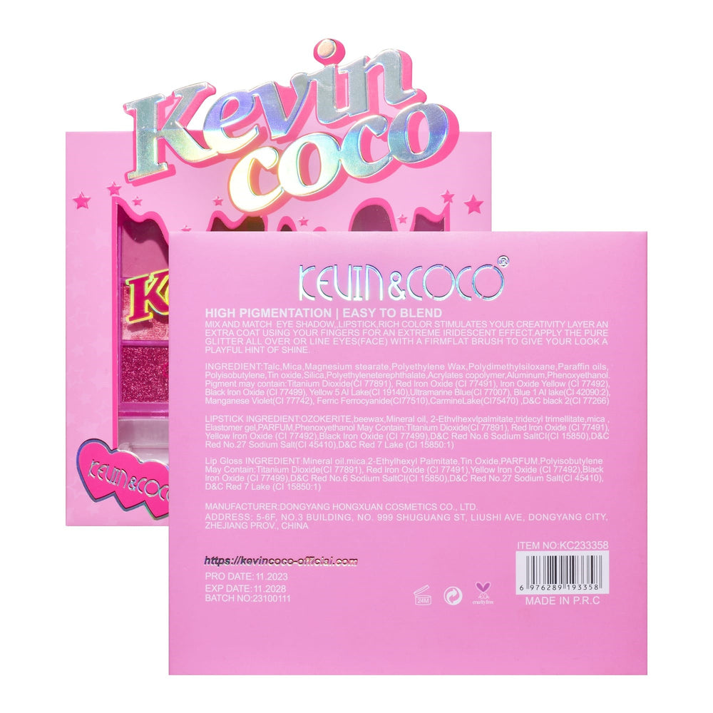 Set 3 Produse de Machiaj Kevin&Coco Pink Ice Star, Paletă Farduri de Pleoape 9 Culori, Ruj Creion și Lip Gloss, Nuanțe Roz și Mov, Finisaje Mate și Strălucitoare, 15.5 x 13 x 3.4 cm