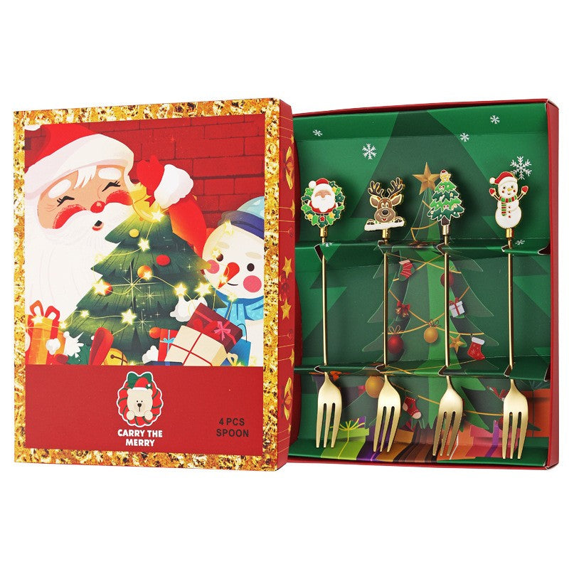 Set 4 Furculite, Tema Craciun, Model Carry The Merry, 4 Modele, din Otel Inoxidabil, 19.5 x 16 x 2 cm, Multicolor