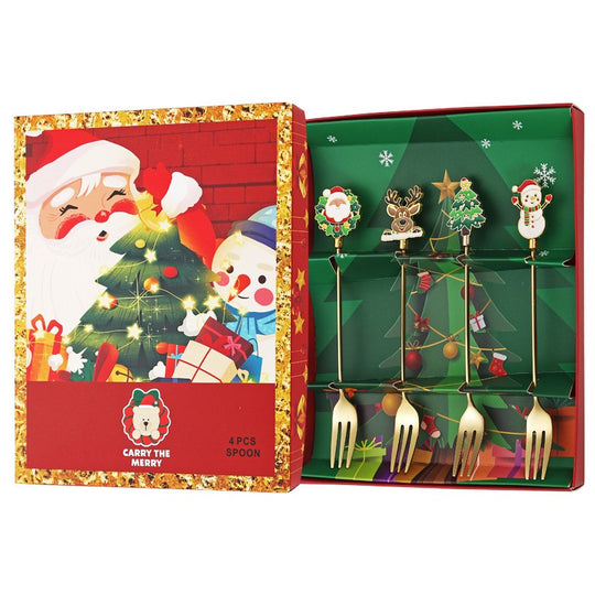 Set 4 Furculite, Tema Craciun, Model Carry The Merry, 4 Modele, din Otel Inoxidabil, 19.5 x 16 x 2 cm, Multicolor