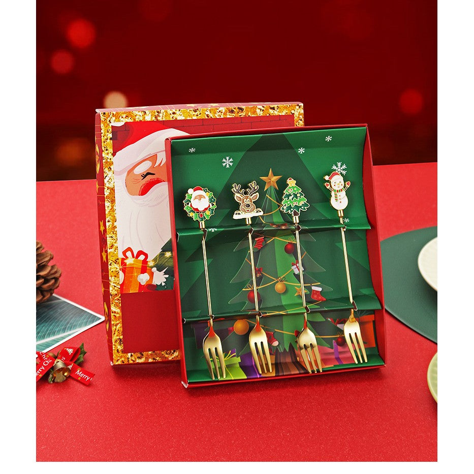 Set 4 Furculite, Tema Craciun, Model Carry The Merry, 4 Modele, din Otel Inoxidabil, 19.5 x 16 x 2 cm, Multicolor