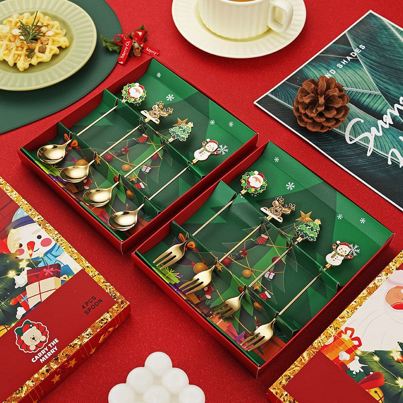Set 4 Furculite, Tema Craciun, Model Carry The Merry, 4 Modele, din Otel Inoxidabil, 19.5 x 16 x 2 cm, Multicolor