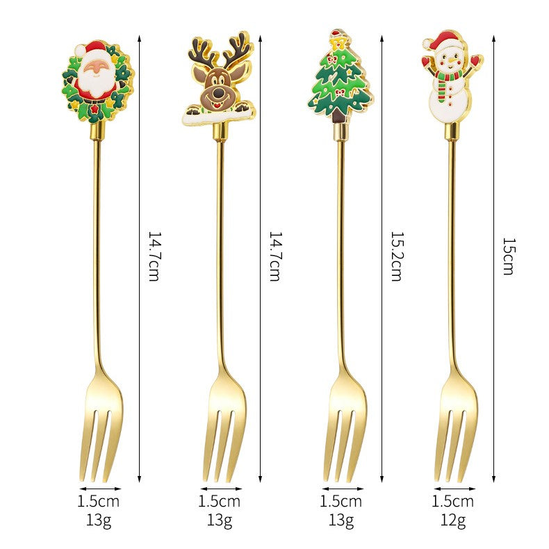 Set 4 Furculite, Tema Craciun, Model Carry The Merry, 4 Modele, din Otel Inoxidabil, 19.5 x 16 x 2 cm, Multicolor