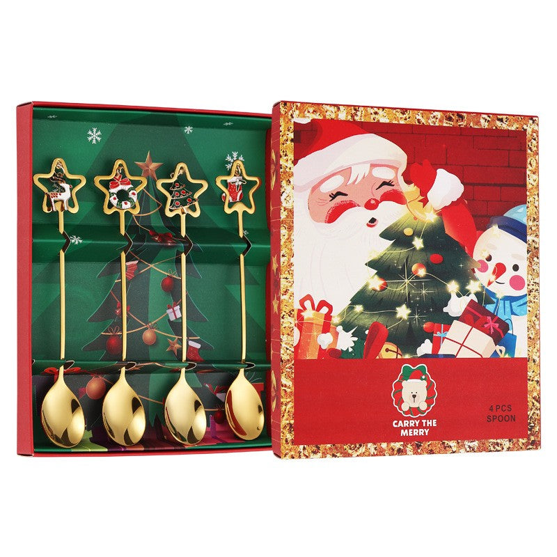 Set 4 Lingurite, Tema Craciun, Model Carry The Merry, 4 Modele Tip Pandantiv cu Steluta, din Otel Inoxidabil, 19 x 16 x 2 cm, Multicolor