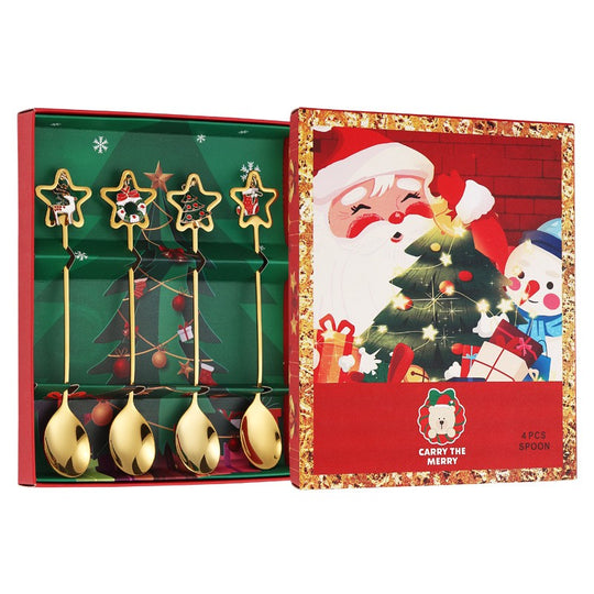 Set 4 Lingurite, Tema Craciun, Model Carry The Merry, 4 Modele Tip Pandantiv cu Steluta, din Otel Inoxidabil, 19 x 16 x 2 cm, Multicolor