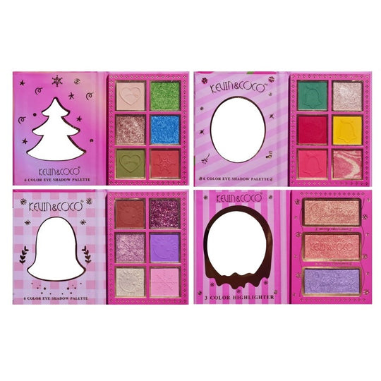 Set 4 Palete de Machiaj Kevin&Coco Christmas Jingle, 21 Culori, Farduri de Pleoape și Iluminator, Ediție Festivă Crăciun, 27.3 x 20.8 x 2.4 cm, Multicolor