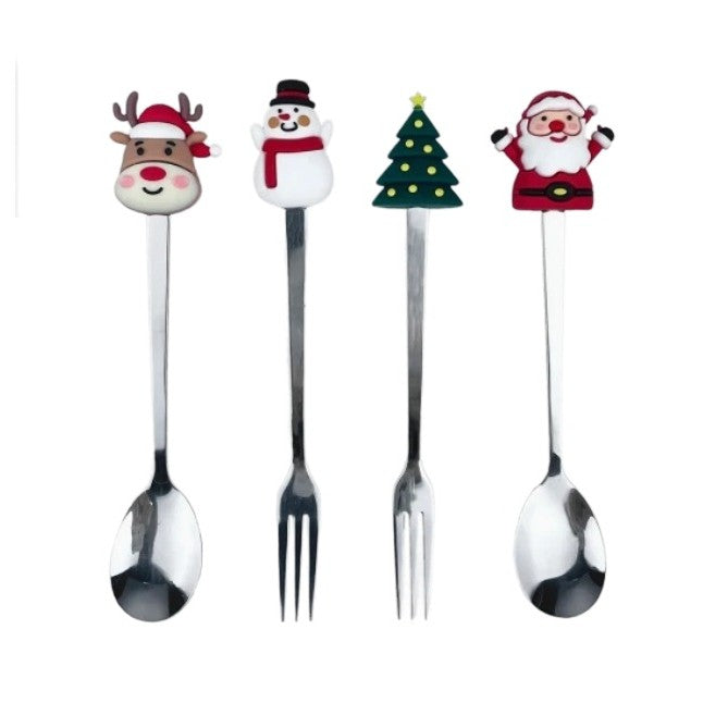 Set 4 Tacamuri, cu Figurine de Craciun, din Otel Inoxidabil, 2 Furculite, 2 Linguri, Cutie Festiva, 13.5 cm, Rosu